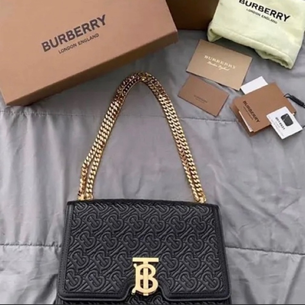 Burberry Calfskin Embossed Monogram Medium TB Bag Black